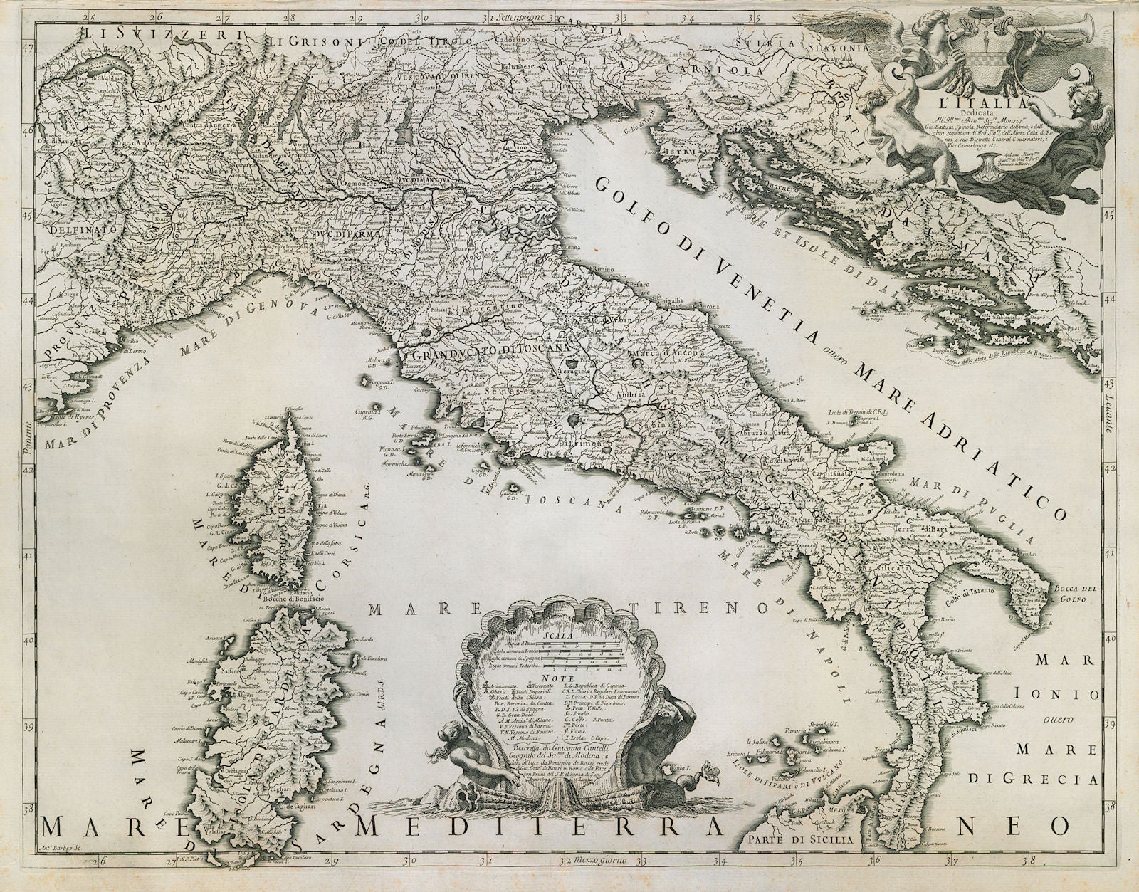 Italia dedicata…. Italy. The Italian states including Savoy. DE ROSSI c1697 map